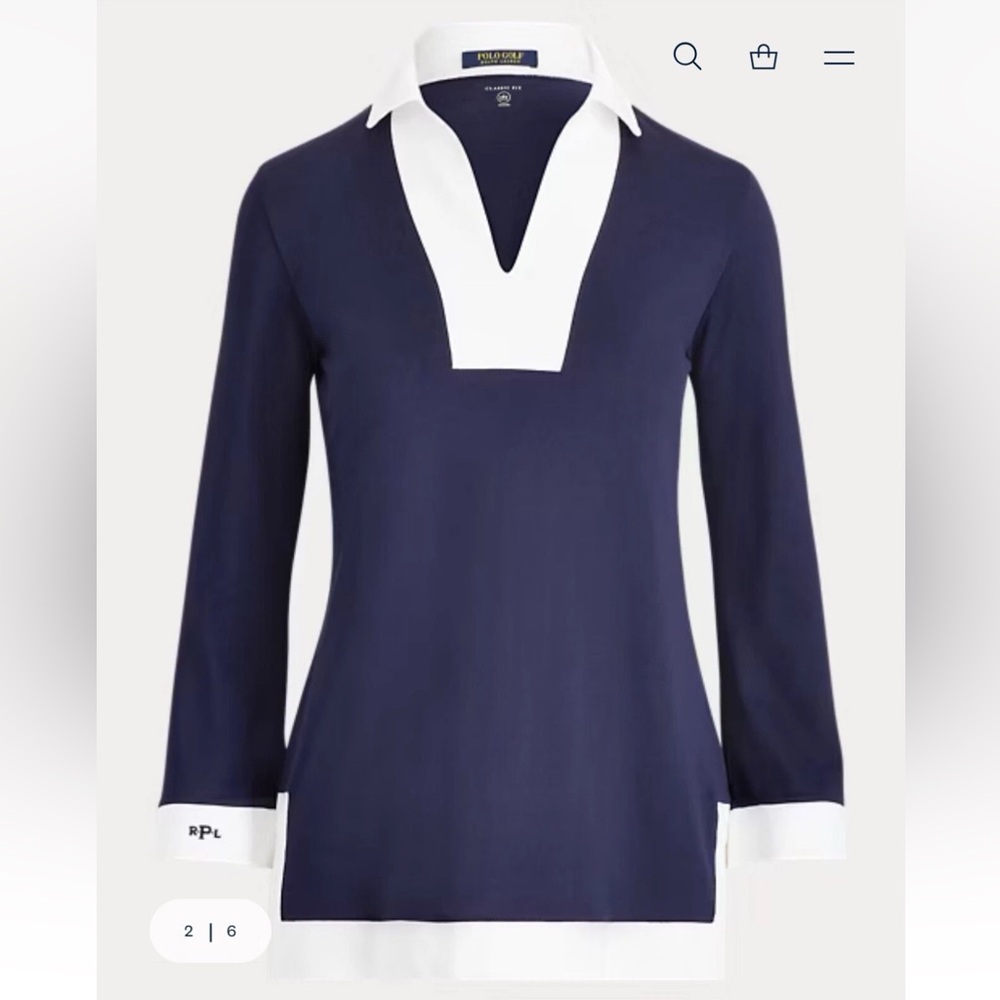 Polo Ralph Lauren Golf Jersey Tunic Top Navy Blue White V-Neck Small Classic Fit